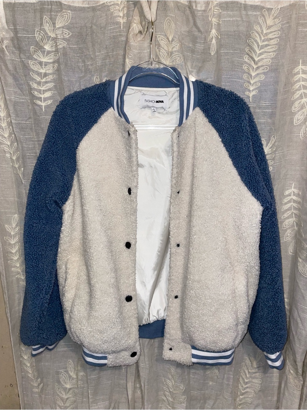 Fashion Nova Men's Cream & Blue Sherpa Varsity Bomber Jacket